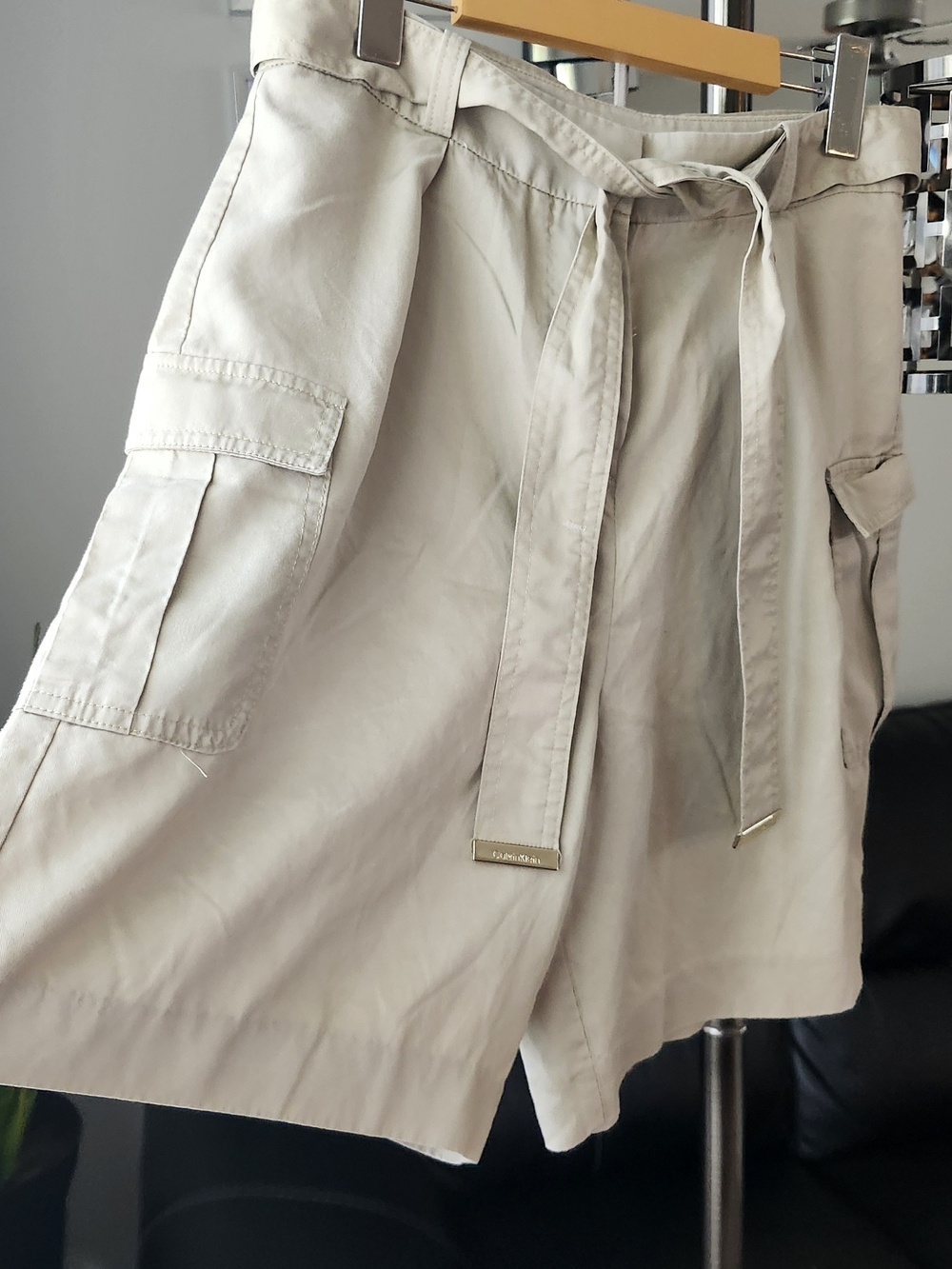 Calvin Klein Cream Cargo Short Pants With Belt Strap with Gold Logo Plaque